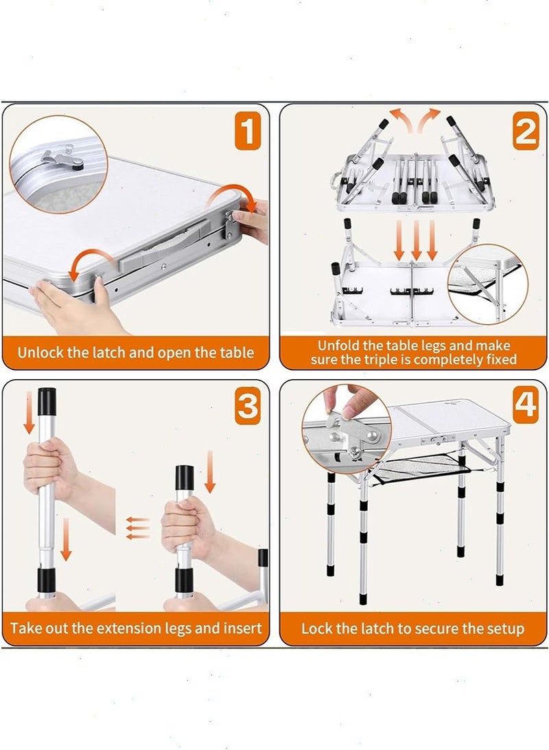Yoawllty Adjustable Camping Table, Folding Picnic Table with Mesh Storage Layer, Lightweight Fold-in-Half Table with Handle for BBQ, Party(White) - Image 5
